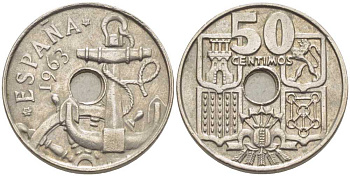 ИСПАНИЯ 50 СЕНТИМО 1963 (64) ФРАНСИСКО ФРАНКО ДИКТАТОР ИСПАНИИ (1939-1975), МОРСКАЯ АТРИБУТИКА KM 777 медно-никель 116-1052