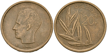 Бельгия 20 франков 1980 Надпись на голландском - 'BELGIE' KM 160 никелевая бронза 4162-746