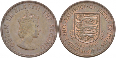 Джерси 1/12 шиллинга 1960 Елизавета II (1952-2022), 300 лет вступления на престол короля Карла II KM 23 бронза 4545-326