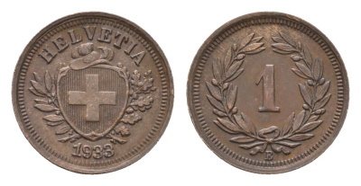 Швейцария 1 раппен 1933 B KM 3.2 бронза 46-562