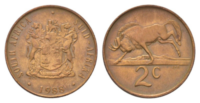 ЮАР 2 цента 1988 герб, антилопа гну KM 83 бронза 4627-167