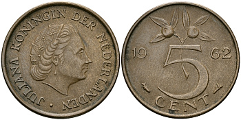 НИДЕРЛАНДЫ 5 ЦЕНТОВ 1962 ЮЛИАНА KM 181 бронза 95-352
