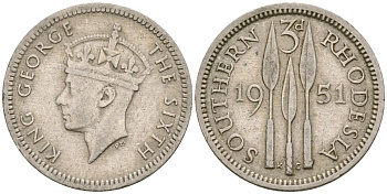 Британская Южная Родезия 3 пенса 1951 Георг VI (1936-1952) KM 20 медно-никель 4174-327