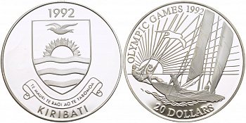 Кирибати 20 долларов 1992 XXV Олимпийские игры в Барселоне 1992 года, регата, яхта KM 17 серебро PROOF 02-090-21