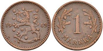 Финляндия 1 марка 1943 республика (1918-1962) KM 30а медь 4591-317