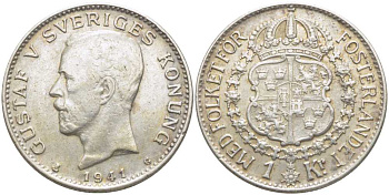 Швеция 1 крона 1941 G, Густав V (1907-1950) KM 786.2 серебро 119-1113