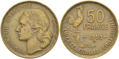 Франция 50 франков 1953 В KM 918.2, le Frank 425.11 алюминиевая бронза 3855-1033