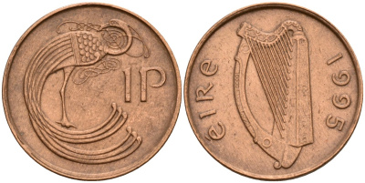 Ирландия 1 пенни 1995 мифологическая птица лира KM 20a бронза 4141-245