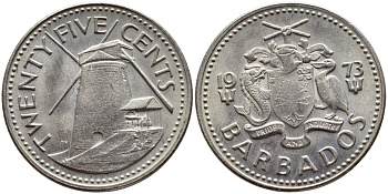 Барбадос 25 центов 1973 ветряная мельница Моргана Льюиса KM 13 медно-никель 4398-326