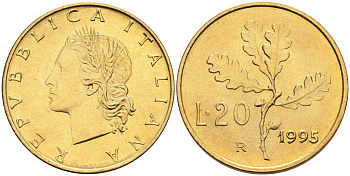 Италия 20 лир 1995 R, дубовый лист KM 97.2 алюминиевая бронза  UNC  4594-949