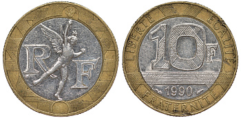 Франция 10 франков 1990 тип Гений Бастилии KM 964.1, Le Frank 375.5 биметалл 45-715