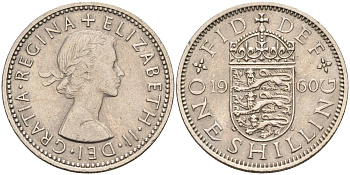 Великобритания 1 шиллинг 1960 Елизавета II (1952-2022), Английский герб KM 904, Spink 4147 медно-никель    4150-532