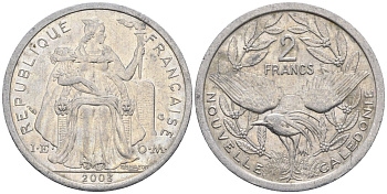Французская Новая Каледония 2 франка 2003 птица кагу, (IEOM) KM 14, Schoen 11, Lec 68h алюминий    25-1351