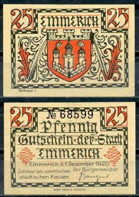 Германия, Эммерих 25 пфеннигов 1920 нотгельд, желтая, 1.12.1920 Tieste 1710/20 бумага UNC (пресс) 8614-42-1-1