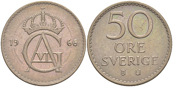 Швеция 50 эре 1966 U, Густав VI Адольф (1950-1973) KM 837 медно-никель UNC 106-357