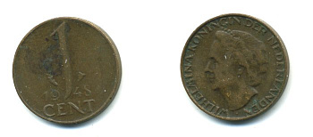 Нидерланды 1 цент 1948 Вильгельмина (1890-1948), год тип KM 175 бронза 54-347
