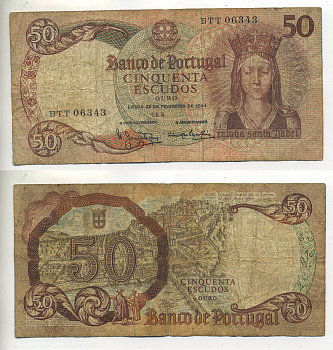 ПОРТУГАЛИЯ 50 ЭСКУДО 1964 28 ФЕВРАЛЯ 1964, КОРОЛЕВА ИЗАБЕЛЛА, КОИМБРА СТАРЫЙ ГОРОД Pick 168 бумага 7552-40-1