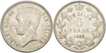 БЕЛЬГИЯ 5 ФРАНКОВ 1932 АЛЬБЕРТ I, DER BELGEN KM 98 никель 3851-412