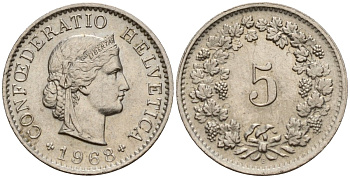 Швейцария 5 раппенов 1968 KM 26 медно-никель 4152-1064