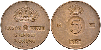 Швеция 5 эре 1954 TS, Густав VI Адольф (1950-1973) KM 822 бронза 4557-741