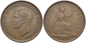 Великобритания 1 пенни 1937 Георг VI (1936-1952) КМ 845, Spink 4114 бронза 115-333
