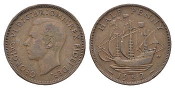 Великобритания 1/2 пенни 1952 Георг VI (1936-1952) KM 868, Spink 4118 бронза 4662-1126