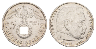 Германия 5 рейхсмарок 1939 A, Гинденбург, символика KM 94 серебро 1518-925