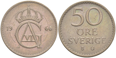 Швеция 50 эре 1966 U, Густав VI Адольф (1950-1973) KM 837 медно-никель UNC 106-357