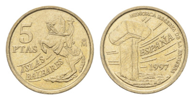 Испания 5 песет 1997 Хуан Карлос I (1975-2014), Балеарские острова, всадник KM 981 алюминиевая бронза 116-616