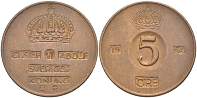 Швеция 5 эре 1954 TS, Густав VI Адольф (1950-1973) KM 822 бронза 4557-741