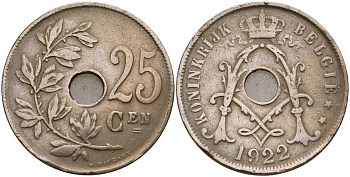 Бельгия 25 сантимов 1922 KM 69 медно-никель 4165-415