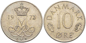 ДАНИЯ 10 ЭРЕ 1973 S;B, МАРГРЕТЕ II (1972-) KM 860.1 медно-никель 201-1233