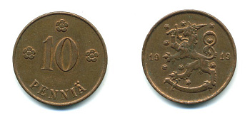 Финляндия 10 пенни 1919 KM 24 медь 41-1143
