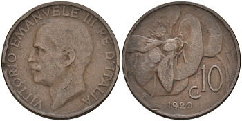 Италия 10 чентезимо 1920 R, пчела, Виктор Эммануил (1900-1946) KM 60 медь 4116-1244