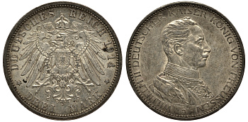 Пруссия 3 марки 1914 Вильгельм II (1888-1918) в мундире KM 538, J.113 серебро 3711-613