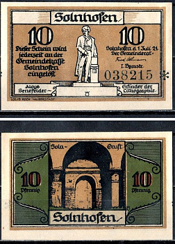 Зольнхофен (Бавария) 10 пфеннигов 1921 Mehl Grabowski 1236.1a-1/4 бумага UNC (пресс) 7556-68-2-2