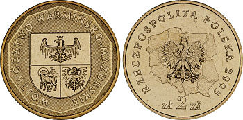 Польша 2 злотых 2005 MW, серия польские воеводства, Варминско-Мазурское воеводство KM 614 нордик UNC 4676-317