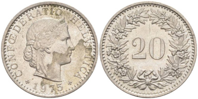 Швейцария 20 раппенов 1975 KM 29a медно-никель 55-945