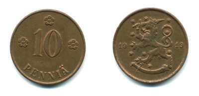 Финляндия 10 пенни 1919 KM 24 медь 41-1143