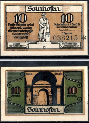 Зольнхофен (Бавария) 10 пфеннигов 1921 Mehl Grabowski 1236.1a-1/4 бумага UNC (пресс) 7556-68-2-2