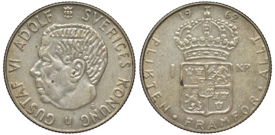 Швеция 1 крона 1962 U, Густав VI Адольф (1950-1973) KM 826 серебро 4178-434