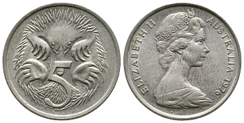 Австралия 5 центов 1976 королева Елизавета II (1952-2022), ехидна KM 64 медно-никель UNC 4609-966
