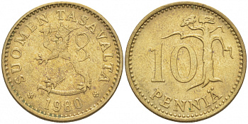 ФИНЛЯНДИЯ 10 ПЕННИ 1980 K KM 46 алюминиевая бронза UNC 3718-135