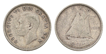 Канада 10 центов 1950 Георг VI (1936-1952), парусник KM 43 серебро 99-644