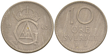 Швеция 10 эре 1963 Густав VI Адольф (1950-1973) KM 835 медно-никель UNC 187-817