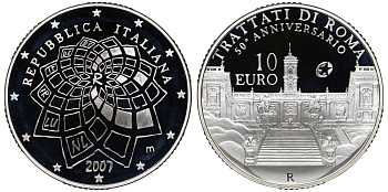 Италия 10 евро 2007 50 лет Римскому договору KM 295 серебро PROOF 2-4-2-23