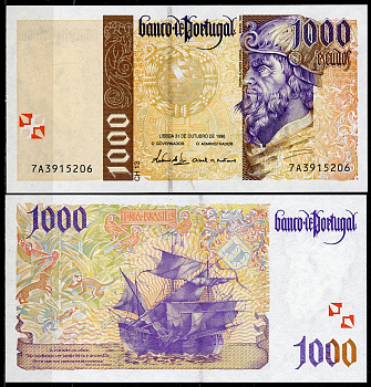 Португалия 1000 эскудо 1996 Педру Алвариш (Алварес) Кабрал, парусник, животные Бразилии Pick 188 b (3)  бумага  UNC (пресс) 6294-78-1-2