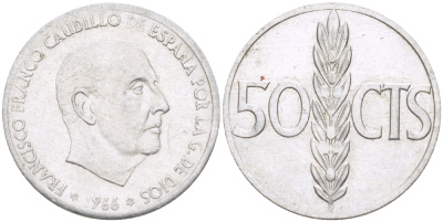 ИСПАНИЯ 50 СЕНТИМО 1966 (71) ФРАНСИСКО ФРАНКО ДИКТАТОР ИСПАНИИ ( 1939- 1975) KM 795 алюминий 4181-1064