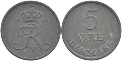 ДАНИЯ 5 ЭРЕ 1964 C; S, ФРЕДЕРИК IX (1947-1972) KM 843.2 цинк 38-423