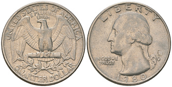 США 25 центов (квотер) 1980 P, Вашингтон KM A164a медь плакированная медно-никелем 4175-356